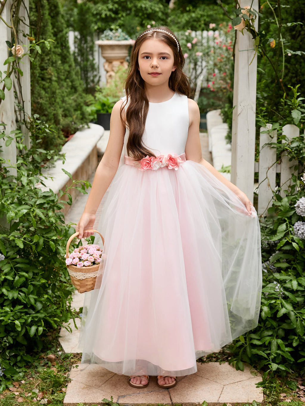 Vestido de niña de las flores de tul satinado con flores 3D hasta los tobillos