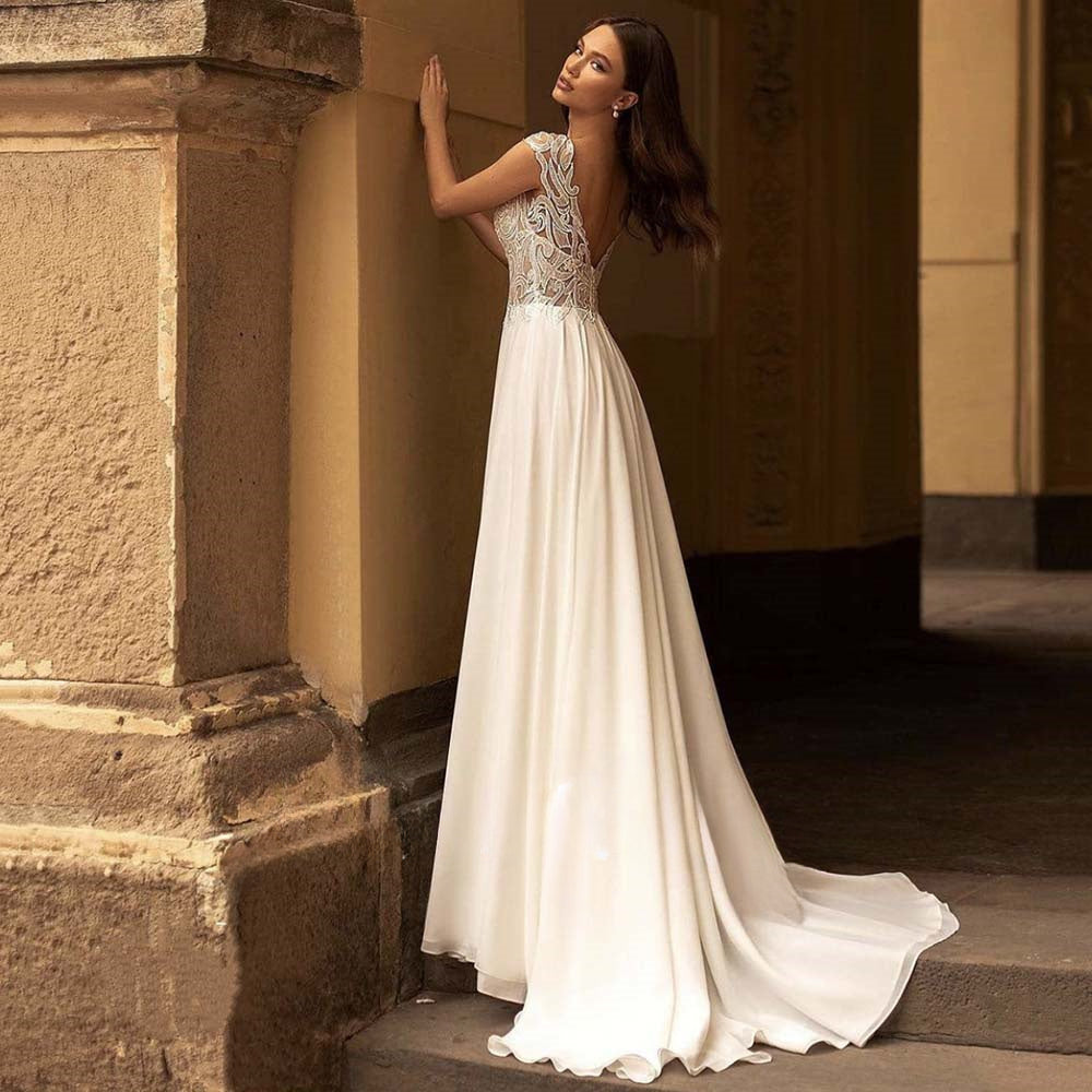YS88 Modern V-Neck Wedding Dresses Lace Appliques Chiffon Backless   Sunnderly