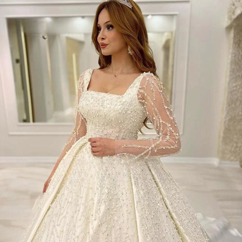 Luxury Wedding Dress Embroidered Lace Beading With Princess Ball Gown Square Collar Fullsleeve Bride Button Vestido De Novia-payinti