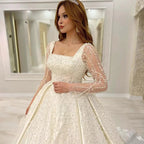 Luxury Wedding Dress Embroidered Lace Beading With Princess Ball Gown Square Collar Fullsleeve Bride Button Vestido De Novia-payinti