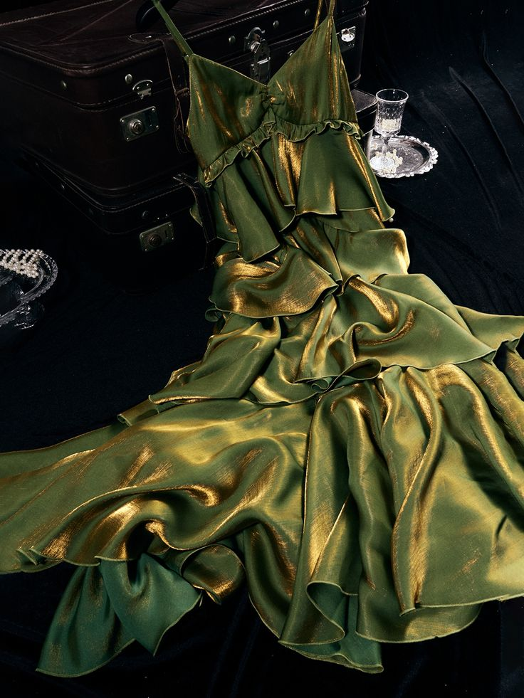 Vintage Grün Stufen Volant Langes Ballkleid Party Abendkleid Y7548
