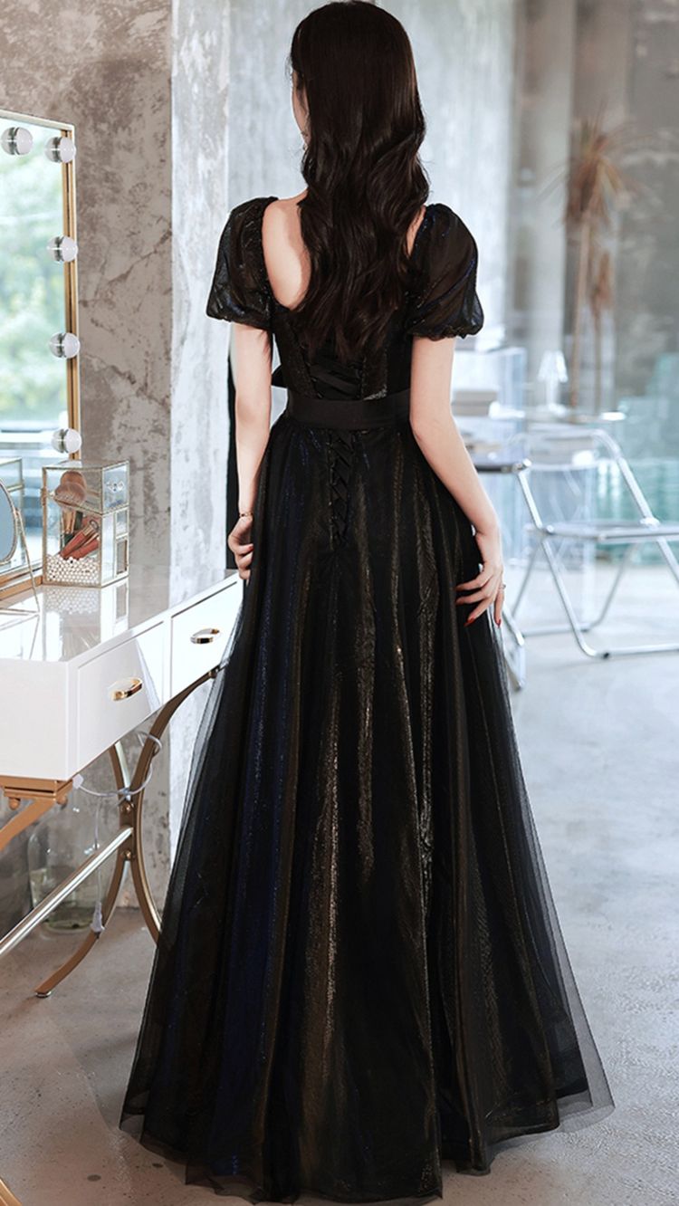 Vestido de fiesta largo de tul negro, corte A, vestido de noche Y1138