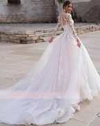 Luxury Pink Long Sleeves Wedding Dress Ball Gown Lace Appliques O-Neck Button Royal Train Bride Gowns Vestido De Novia Princess-payinti
