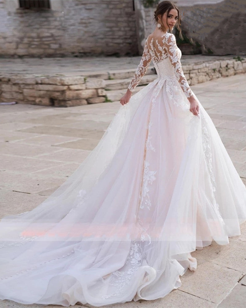 Luxury Pink Long Sleeves Wedding Dress Ball Gown Lace Appliques O-Neck Button Royal Train Bride Gowns Vestido De Novia Princess-payinti