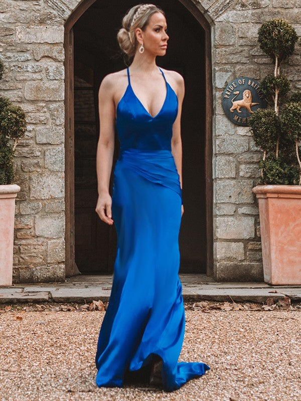 Regal Sapphire Spaghetti Straps V-Neck Backless Mermaid Prom Gown