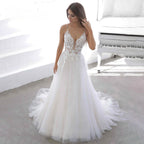 Tulle V-Line Wedding Dresses Deep V-Neck Spaghetti Strap Lace Appliques Backless Pleat Customised Vestidos De Novia-payinti
