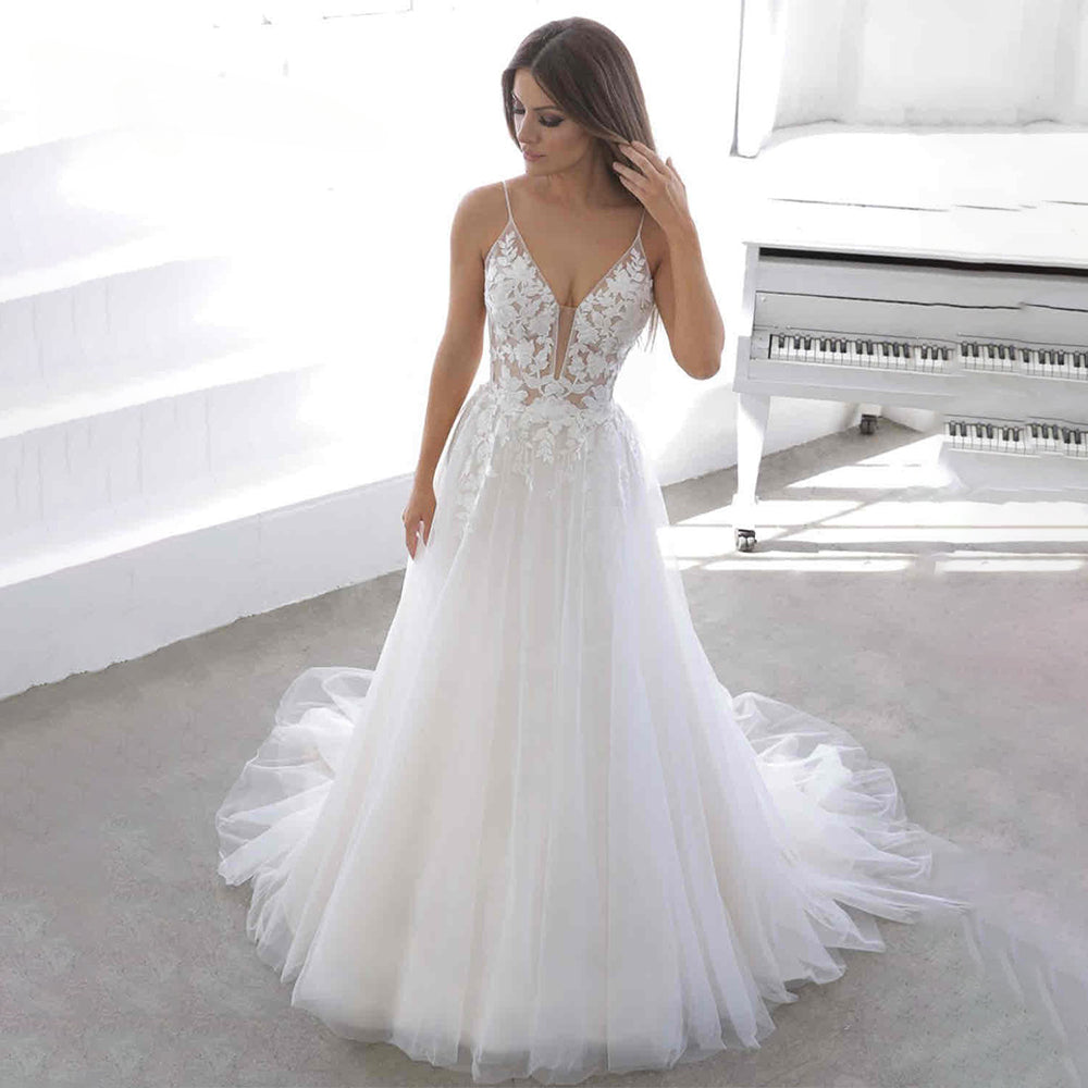 Tulle V-Line Wedding Dresses Deep V-Neck Spaghetti Strap Lace Appliques Backless Pleat Customised Vestidos De Novia-payinti