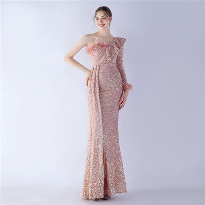 Craft Ostrich Feather Ruffled Side Slit High End Sequined Evening Dress