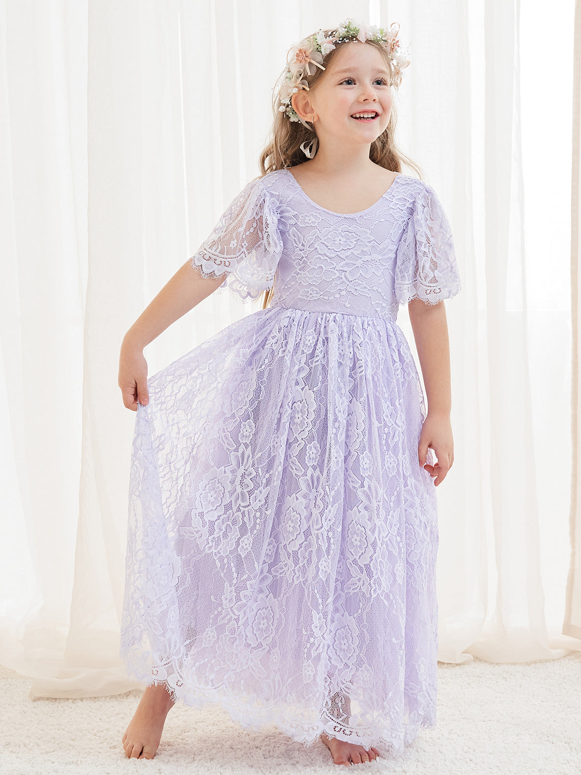 A-Linien-Spitze Knöchellanges Elfenbein Boho Blumenmädchenkleid 