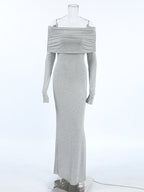 Long Sleeves Skinny Pleated Solid Color Split-Joint Off-The-Shoulder Evening Dresses Maxi Dresses