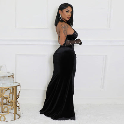 Lace up Halterneck High Slit Solid Color Rhinestone Dress Sexy Evening Dress with Mesh Oversleeve