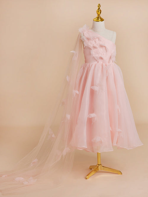 Vestido rosa de organza con corte en A y largo hasta la rodilla (010220821)