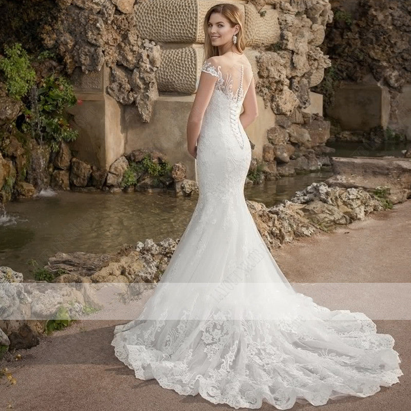 Mermaid Wedding Dress Women Charming Lace Appliques Bridal Gown Robe De Mariée Illusion Short Sleeves Gorgeous Boho-payinti