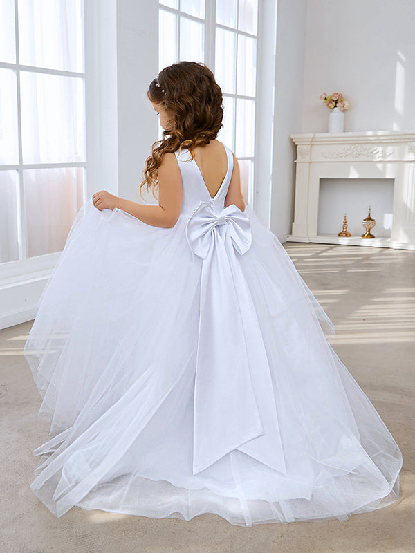 Klassisches weißes ärmelloses A-Linien-Blumenmädchenkleid aus Satin und Tüll 