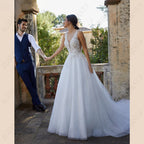 Sleeveless Wedding Dress For Women Tulle V-Neck Bridal Gown Illusion Backles A-line Vestido De Noiva Spaghetti Straps-payinti