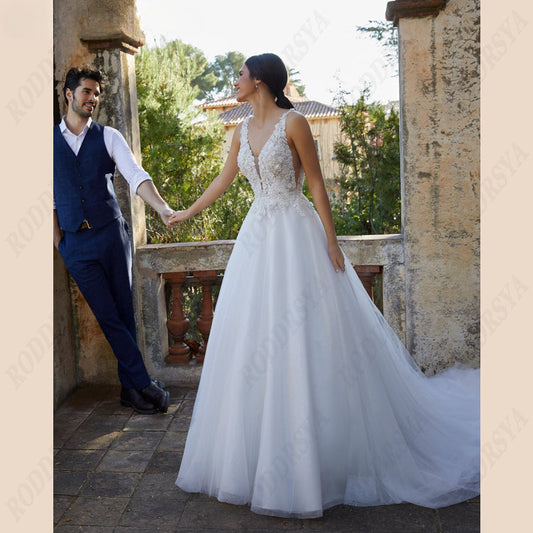 Sleeveless Wedding Dress For Women Tulle V-Neck Bridal Gown Illusion Backles A-line Vestido De Noiva Spaghetti Straps-payinti
