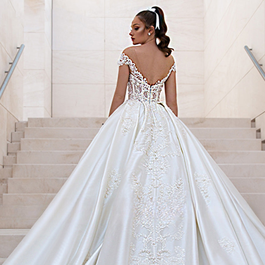 Sexy Off Shoulder Wedding Dresses A-Line Lace Applique Women's Elegant Sleeveless Beach Party Satin Beads Applique Bridal Gowns-payinti