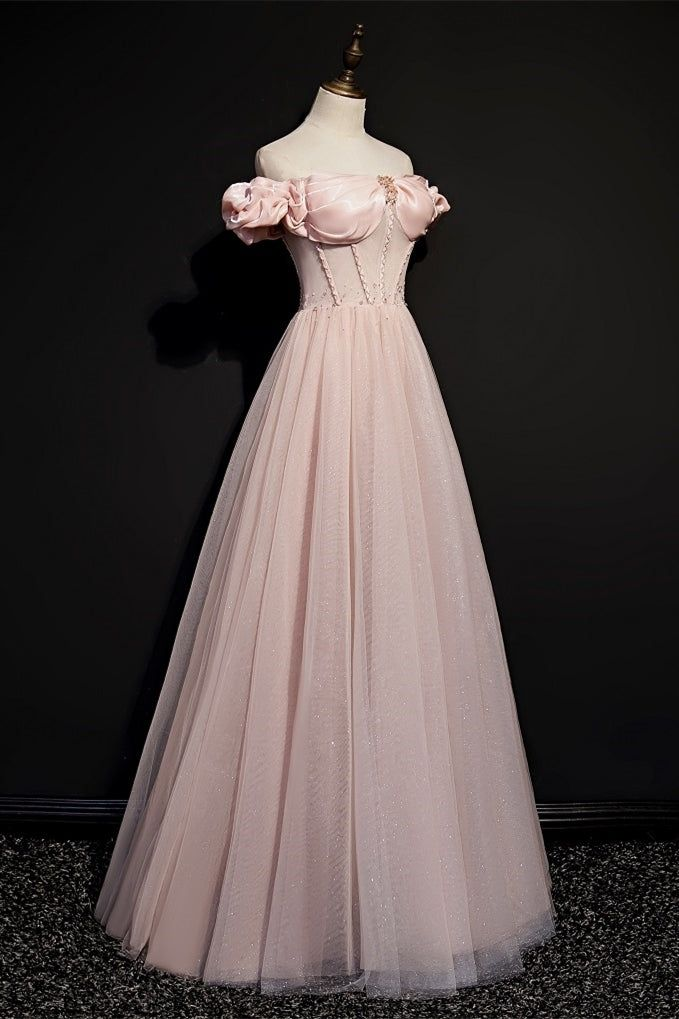 Vestido de fiesta princesa de tul rosa con cuentas y hombros descubiertos, vestido de noche Y7584