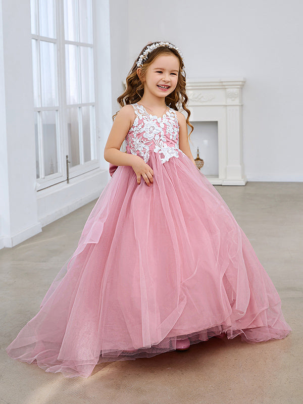 Prinzessin Ärmelloses Tüll Blumenmädchenkleid mit Spitze und Schleife Rosa (010224320) 