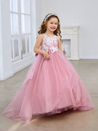 Prinzessin Ärmelloses Tüll Blumenmädchenkleid mit Spitze und Schleife Rosa (010224320) 