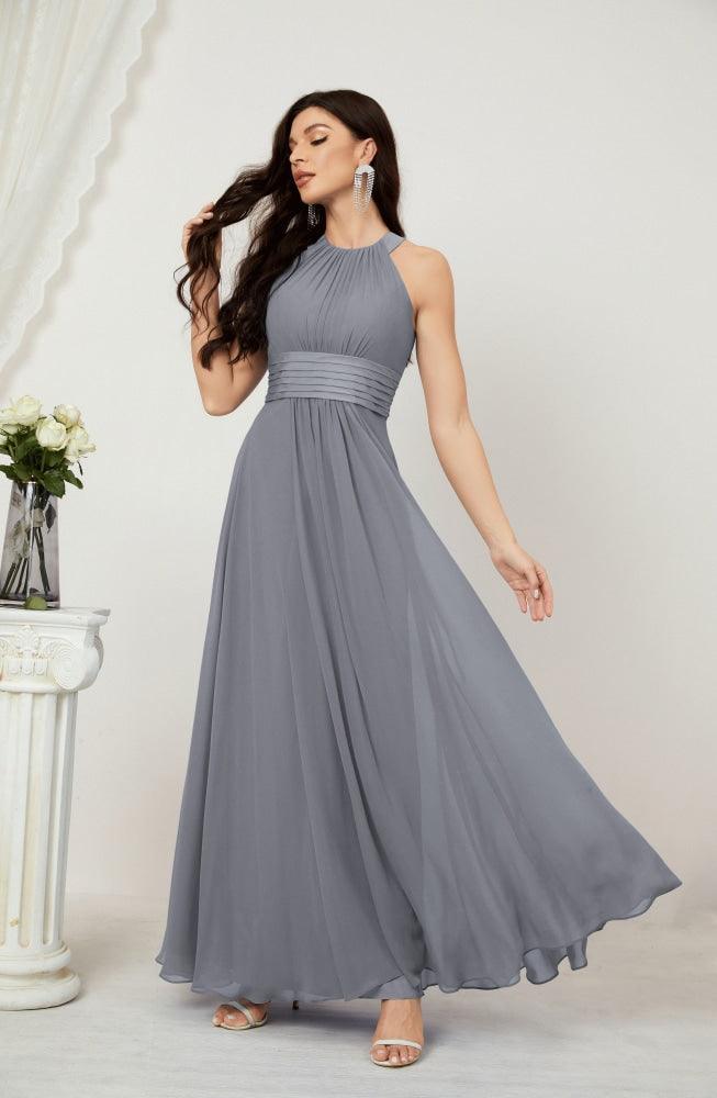 Vestido formal de fiesta Sunnderly de gasa con cuello halter, largo y sin mangas, para dama de honor SY2802 