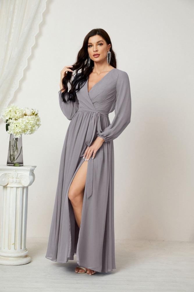 Vestidos de noche Sunnderly con escote en V profundo, gasa, para dama de honor, manga larga de obispo, abertura lateral, vestido formal SY2806 