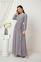 Vestidos de noche Sunnderly con escote en V profundo, gasa, para dama de honor, manga larga de obispo, abertura lateral, vestido formal SY2806 