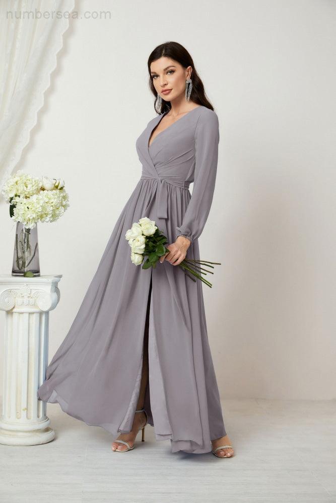 Vestidos de noche Sunnderly con escote en V profundo, gasa, para dama de honor, manga larga de obispo, abertura lateral, vestido formal SY2806 