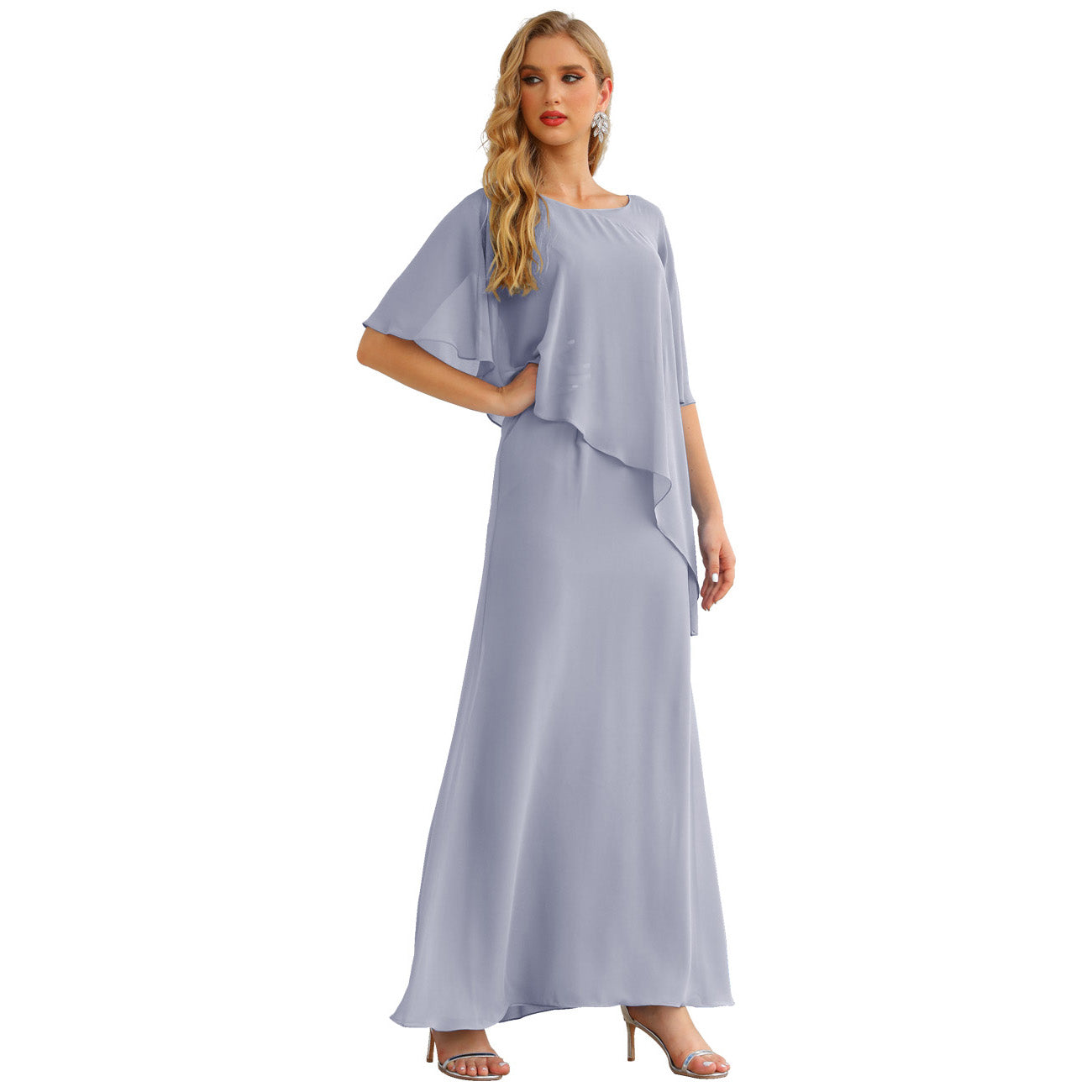 Sunnderly Chiffon-Kleid für die Brautmutter in Übergröße, formelles Ballkleid mit Rüschenumhang