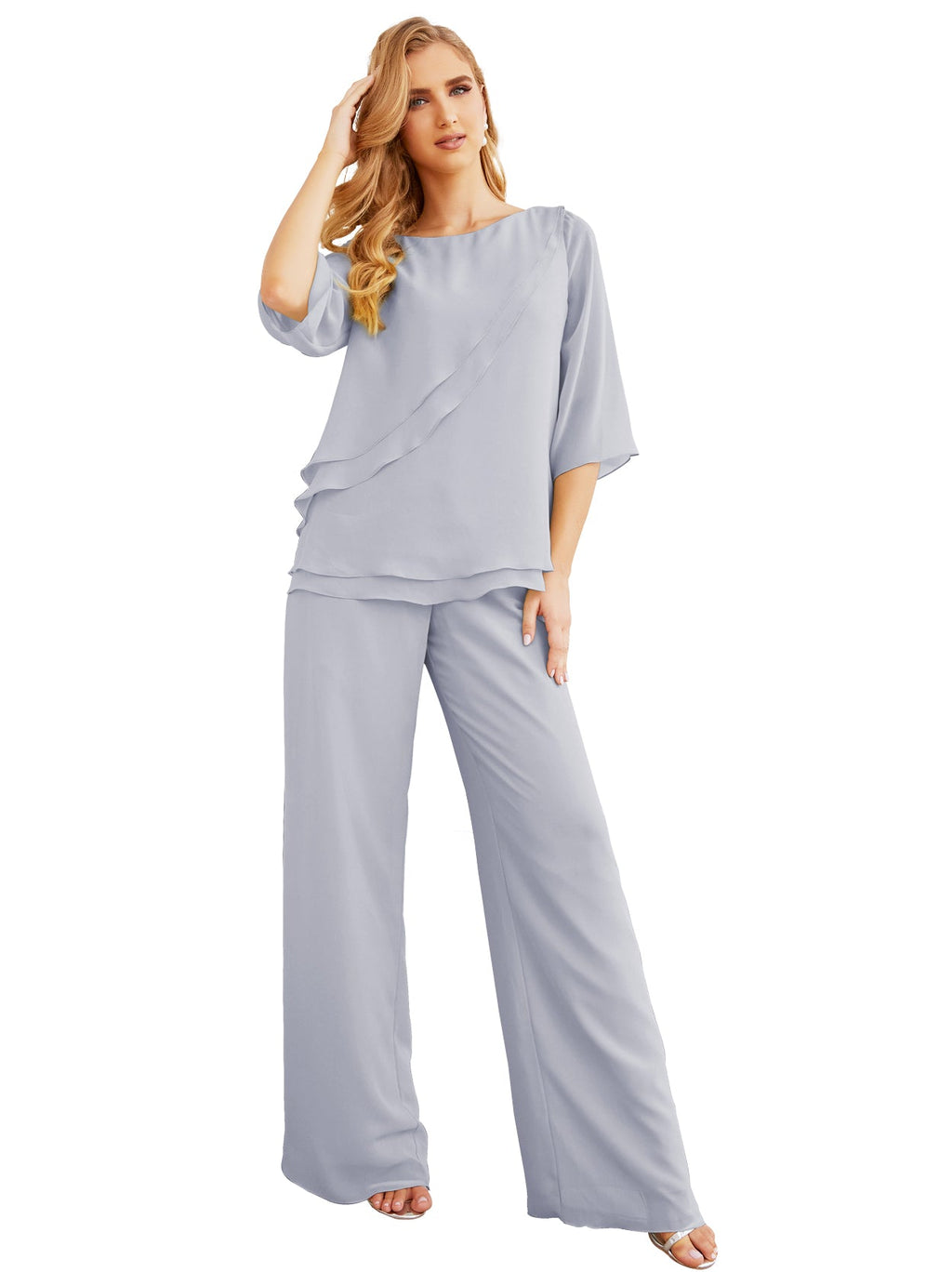 Elegante vestido de dos piezas para madre de la novia, talla grande, pantalón, capas con volantes, bata plateada SY28064 