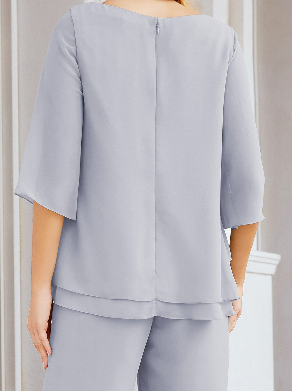Elegante vestido de dos piezas para madre de la novia, talla grande, pantalón, capas con volantes, bata plateada SY28064 