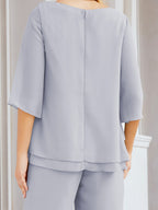 Elegante vestido de dos piezas para madre de la novia, talla grande, pantalón, capas con volantes, bata plateada SY28064 