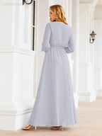Sunnderly Women's Chiffon Bridesmaid Dress A line Long Sleeves Formal Evening Prom Gown for Wedding Guest SY28032