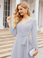 Vestido de dama de honor con escote en V y cinturón para madre de la novia, invitada de boda SY28031 