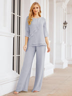 Elegante vestido de dos piezas para madre de la novia, talla grande, pantalón, capas con volantes, bata plateada SY28064 
