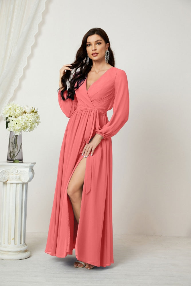 Vestidos de noche Sunnderly con escote en V profundo, gasa, para dama de honor, manga larga de obispo, abertura lateral, vestido formal SY2806 