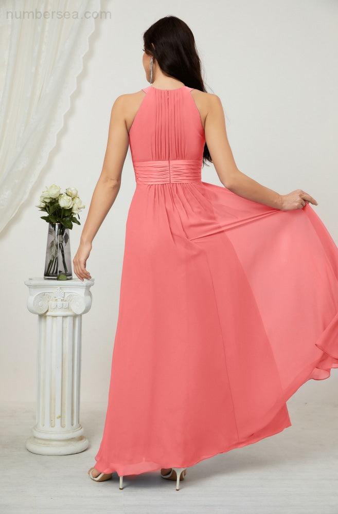 Vestido formal de fiesta Sunnderly de gasa con cuello halter, largo y sin mangas, para dama de honor SY2802 