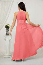 Vestido formal de fiesta Sunnderly de gasa con cuello halter, largo y sin mangas, para dama de honor SY2802 