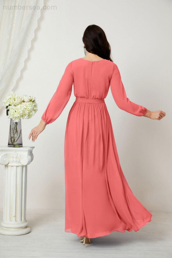 Vestidos de noche Sunnderly con escote en V profundo, gasa, para dama de honor, manga larga de obispo, abertura lateral, vestido formal SY2806 