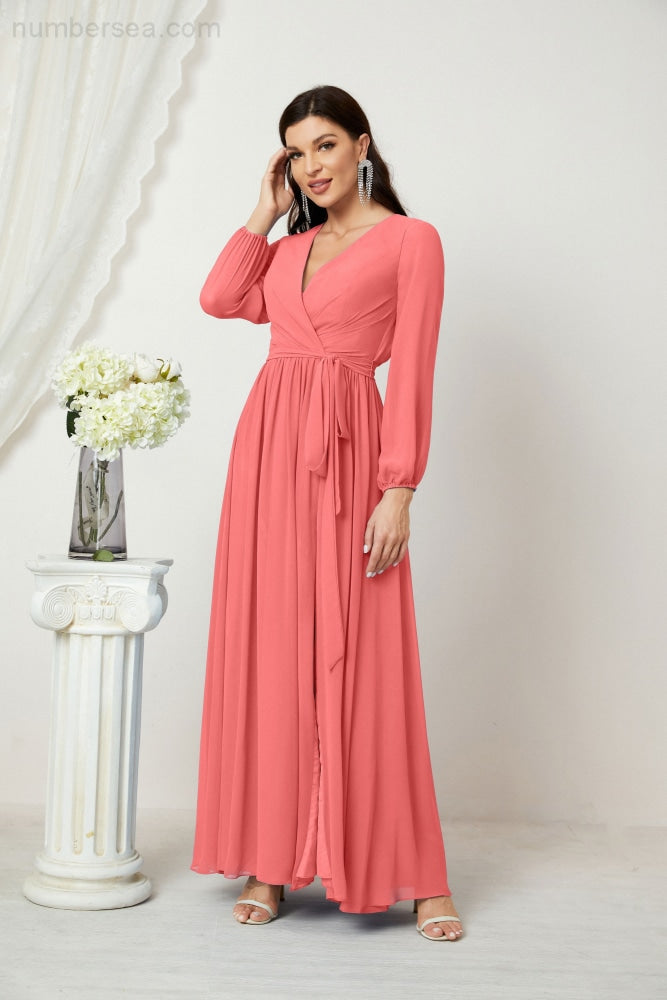 Vestidos de noche Sunnderly con escote en V profundo, gasa, para dama de honor, manga larga de obispo, abertura lateral, vestido formal SY2806 