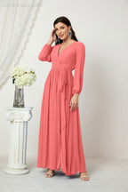Vestidos de noche Sunnderly con escote en V profundo, gasa, para dama de honor, manga larga de obispo, abertura lateral, vestido formal SY2806 