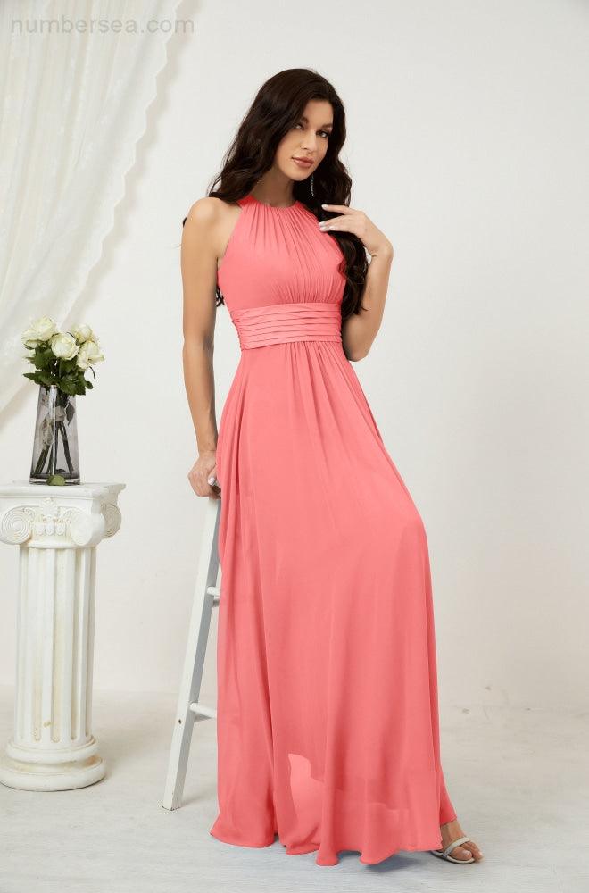 Vestido formal de fiesta Sunnderly de gasa con cuello halter, largo y sin mangas, para dama de honor SY2802 