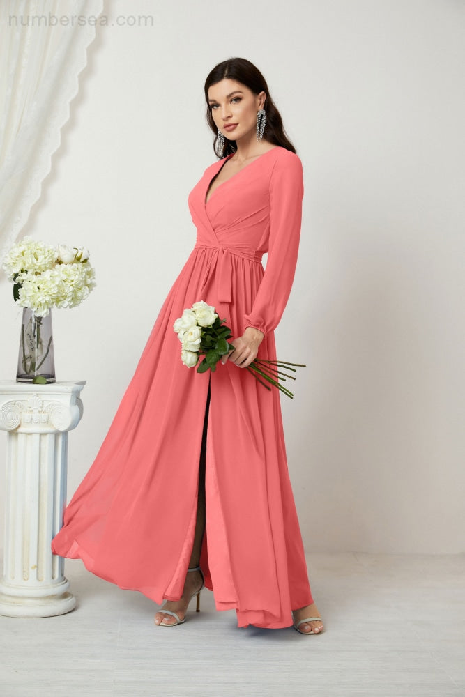 Vestidos de noche Sunnderly con escote en V profundo, gasa, para dama de honor, manga larga de obispo, abertura lateral, vestido formal SY2806 
