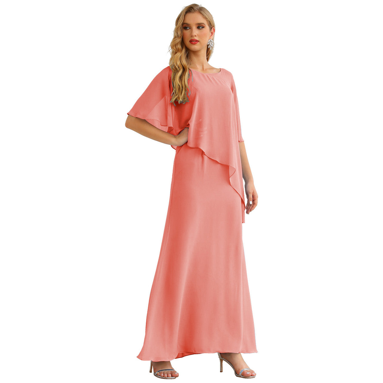 Sunnderly Chiffon-Kleid für die Brautmutter in Übergröße, formelles Ballkleid mit Rüschenumhang