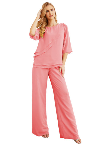 Sunnderly Elegant 2 Piece Mother of The Bride Dress Plus Size Pant Suits Ruffle Layers Sliver Housecoat SY28064