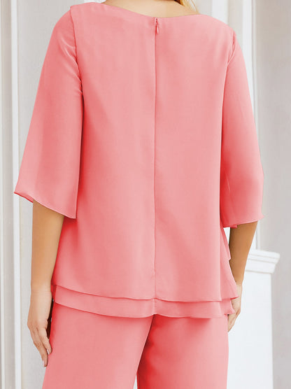 Sunnderly Elegant 2 Piece Mother of The Bride Dress Plus Size Pant Suits Ruffle Layers Sliver Housecoat SY28064