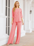 Elegante vestido de dos piezas para madre de la novia, talla grande, pantalón, capas con volantes, bata plateada SY28064 