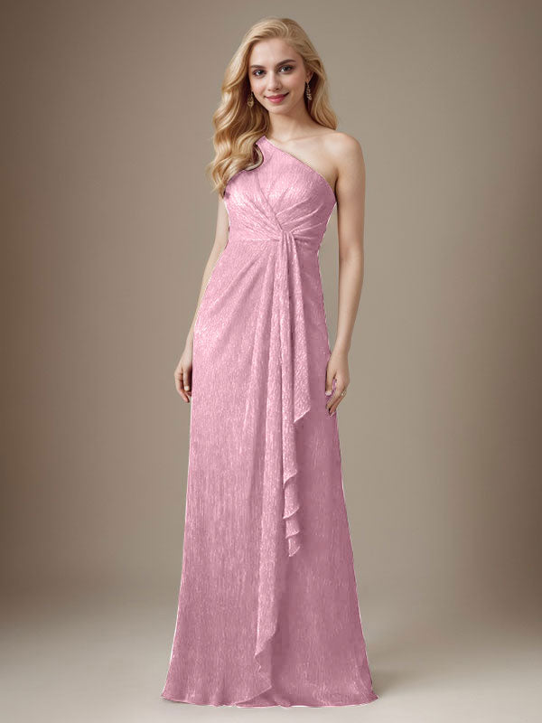 Vestido de madre de la novia con un solo hombro de malla metálica y corte rubí