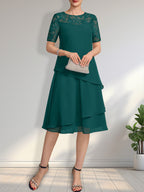 Vestido de gasa con encaje y lentejuelas para madre de la novia, corte A, escote ilusión, largo hasta la rodilla