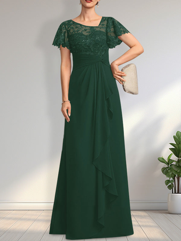 A-line Asymmetrical Illusion Floor-Length Lace Chiffon Mother of the Bride Dress With Cascading Ruffles Sequins